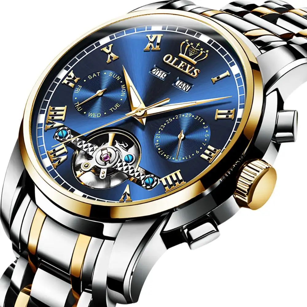 OEM Tourbillon 시계 OLEVS 럭셔리 해골 손목 시계 더블 디스플레이 사용자 정의 로고 남자 스위스 자동 기계식 시계
