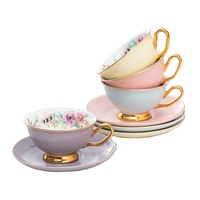 Ensemble de tasses à thé et à café en porcelaine céramique de luxe britannique, écologiques, à motifs floraux, avec poignée dorée et soucoupe