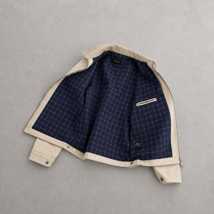 Giacca Varsity da <span class=keywords><strong>Uomo</strong></span> all'Ingrosso, <span class=keywords><strong>Beige</strong></span> in Twill di Cotone, Fodera Tartan Blu Navy, <span class=keywords><strong>Cappotto</strong></span> Casual Vintage Antivento - Product Image 2