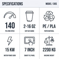Máquina Inteligente de Alta Velocidad para Vasos de Papel, 140 Piezas/Min, Material PE/PLA, Panel de Control de 7 Pulgadas, 380V