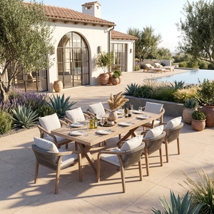 Set <span class=keywords><strong>da</strong></span> Pranzo per Esterni <span class=keywords><strong>in</strong></span> Legno Teak con Sedie Imbottite <span class=keywords><strong>in</strong></span> <span class=keywords><strong>Rattan</strong></span>, <span class=keywords><strong>Mobili</strong></span> <span class=keywords><strong>da</strong></span> <span class=keywords><strong>Giardino</strong></span> Impermeabili per Patio e Villa - Product Image 5