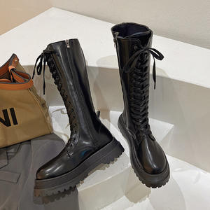 2024 nouvelle Collection d'hiver Style britannique à lacets minceur bottes sur le genou pour les femmes à semelles épaisses polyvalent chevalier au genou - Product Image 4