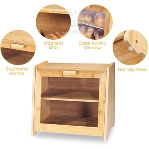 Large Bamboo Wood Bread Box With Clear Front Window Farmhouse Style Bread <b>Bin</b> for Kitchen Counter <b>Double</b> Layer Bread - Product Image 5