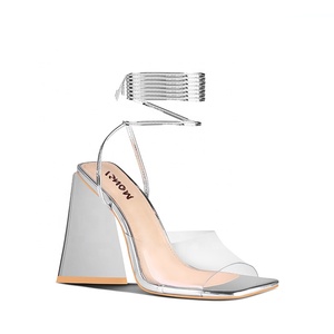 WETKISS-Sandalias con punta cuadrada para fiesta, zapatos sexys de verano, de PVC, transparente, dorado, con cordones, tacón triangular, novedad - Product Image 3