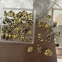Breloques d'ongles en alliage tête de mort Halloween, 30 pièces/boîte, strass 3D, or antique, argent, bijoux d'ongles gothiques punk