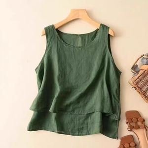 Green Cotton Linen Camisole Vest Loose Sleeveless Top Summer Women Casual Literary Style - Product Image 4