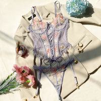 Ensemble de lingerie sexy érotique pour femmes, soutien-gorge en acier à armatures rétractables, dentelle transparente à l'avant, dos nu, ensemble de lingerie lavande