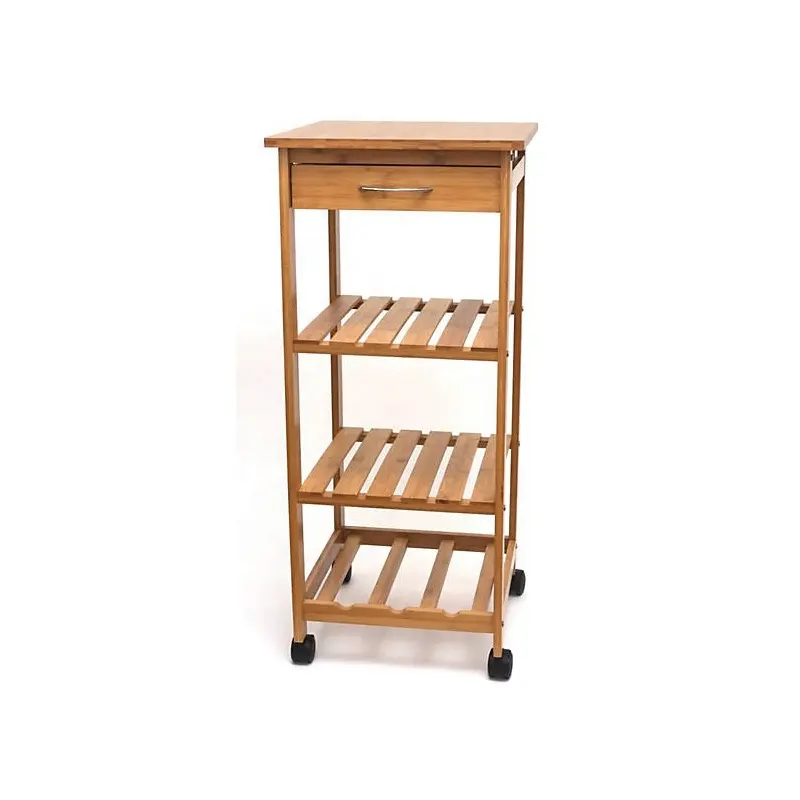 Natural Bamboo Trolley Kitchen Rolling Cart with Rack Adjustable Bamboo Plant Stand With Wheels