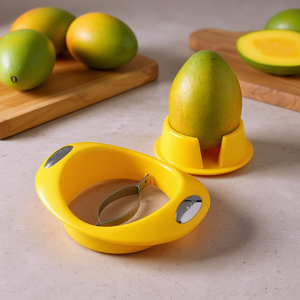 Cortador de mango con soporte para frutas, plástico amarillo, cuchilla de acero inoxidable para cortar y pelar fácilmente - Product Image 3