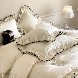 French-style 100-count Long-staple Cotton <b>Bedding</b> <b>Set</b> Solid Color Ruffled Duvet Cover Sheet Pillowcase Home Use Four Seasons - Product Image 2