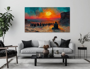 Venta al por mayor dunas de arena modernas puesta de sol sentado en el desierto aventura caminar estilo árabe lienzo impresiones artísticas para proyectos de hotel - Product Image 4