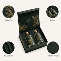 Boîte cadeau double gin personnalisée, boîte rigide vert émeraude avec feuille d'ormeau dorée, emballage pour deux bouteilles de gin