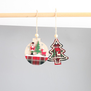 Wooden <b>Christmas</b> Hanging Ornament Round Tree Shape Plaid Design <b>Nutcracker</b> Deer Decor <b>For</b> Xmas Tree Decoration - Product Image 2
