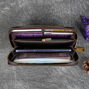 Portefeuille long pour femme en cuir véritable de luxe vintage avec logo personnalisé, motif <span class=keywords><strong>libellule</strong></span> en relief, fermeture éclair, pochette rétro, porte-cartes de crédit - Product Image 4