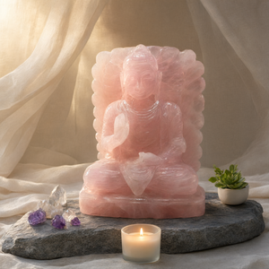 Buda de cristal de cuarzo rosa con arco trasero - tallado artesanal del Sereno y Meditante Señor Buda - cristal/reiki/chakra - 8 pulgadas - Product Image 3