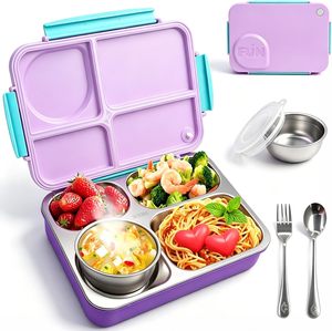 Stainless Steel Food Tray with Silicone Lid Leakproof 4 <b>Compartment</b> Metal Stainless Steel Sandwich Snack Salad Bento <b>Lunch</b> <b>Box</b> - Product Image 1