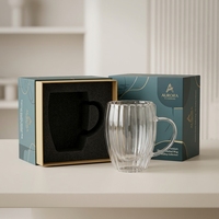 Mug à double paroi en verre cannelé Emode Coffee Tea de 250 ml, compatible lave-vaisselle et micro-ondes, design mignon