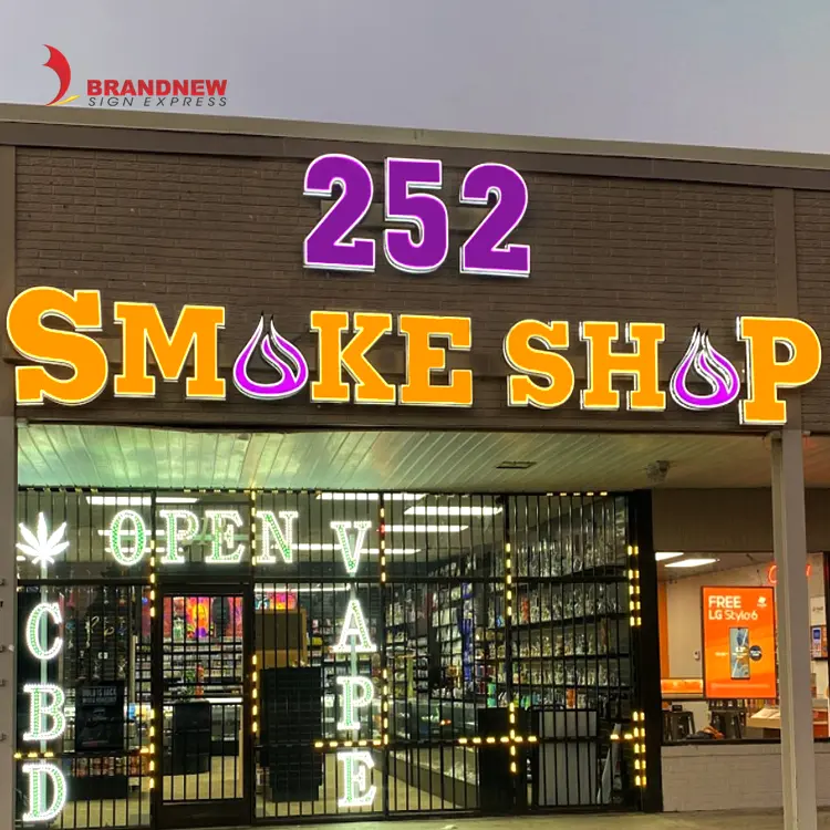 BRANDNEWSIGN Fabricante Personalizado 3d Outdoor Iluminado Canal Carta Led Smoke Shop Sinal Loja Front Building Logo Signage