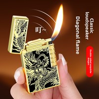 Briquet à flamme ouverte DK875 Dragon Auspicieux en métal, à sonnerie sonore, avec meule coulissante latérale, à gaz butane, flamme classique inclinée