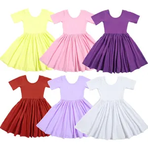 High Quality Cotton Princess Dress for Spring Daily Wear Knit Scoop Back Full Circle Twirly Short Sleeve Frocks for Kids Girls