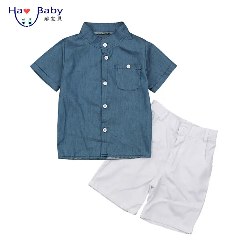 Hao calções infantis, conjunto de roupas para crianças, verão europeu e americano, meninos, manga curta, azul + shorts brancos, tendência, duas peças, conjunto de roupas para meninos