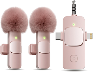 Microphone cravate sans fil 3-en-1 K15 (Rose) avec connecteur Type-C, construction métallique pour iPhone/iPad/Android, caméra, vidéo, podcast, vlog - Product Image 1