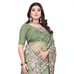 Indian Boutique Traditional <b>Silk</b> Saree with Tissue Organza and Beautiful Multi Embroidery C-Pallu Work for Women Party Wear - Product Image 2