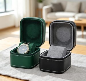 Boîte de rangement pour montres haut de gamme faite à la main, en carton premium, base rigide, vert foncé/noir, deux options de couleur, fermeture à glissière - Product Image 3