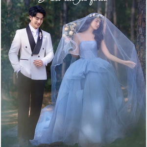 Blue Strapless Tulle Wedding Dress Empire Waistline With Train For Forest Theme Wedding - Product Image 2