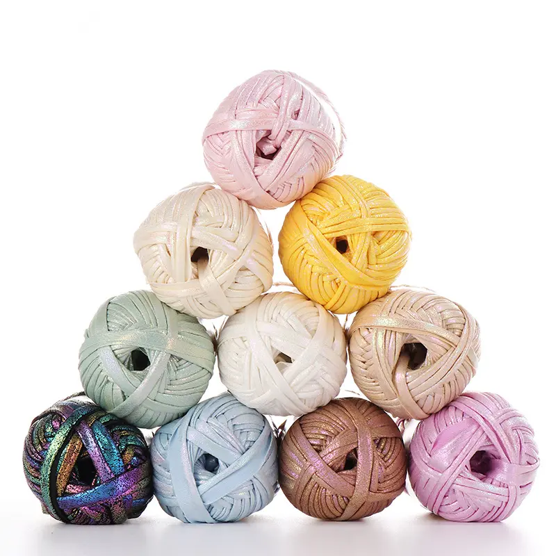 wholesale 100g shiny polyester yarn DIY hand knitting leather metallic t-shirt yarn for bag