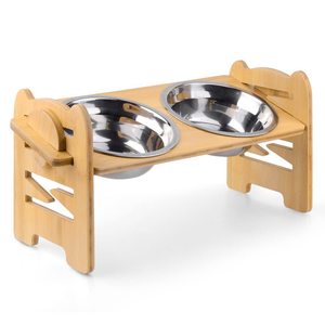 Support de gamelle surélevé en bambou pour chats avec bol en acier inoxydable - Product Image 5