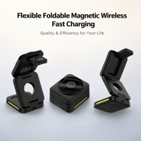 Support de charge sans fil magnétique pliable 3-en-1 avec indicateur LED pour téléphone portable, montre et support