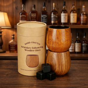 Home Bar High Quality Classic <b>Reusable</b> Custom Logo Hand Crafted Oak Wood Whiskey <b>Cup</b> Charred Glass Tumbler 400mL Oval - Product Image 3