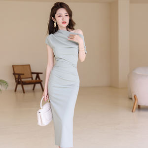 ZYHT 30145 Nuovo Abito Estivo da Donna alla Moda in Spandex Elegante con Scollo a Barca Manica Corta Casual Lungo - Product Image 3