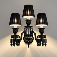 Applique Murale de Luxe Française à 3 Têtes en Cristal Noir, Fer Plaqué, Tissu Noir, Pompon en Cristal de Verre Noir pour Chambre, Hôtel, Villa, Hall