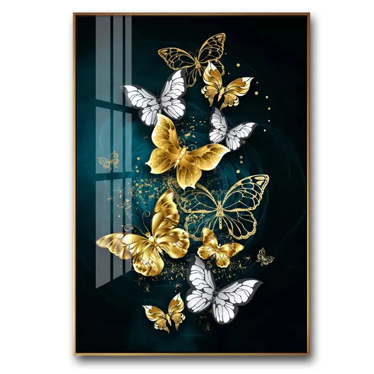 Wholesale Wall Art Canvas Custom Golden Butterfly Morden Luxury Wall Art Glass Crystal Porcelain Painting