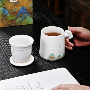 New Chinese Style <b>Ceramic</b> Mug With Lid And Handle Dehua Hand Painted Landscape Design Business Gift Office Tea <b>Cup</b> Set - Product Image 3