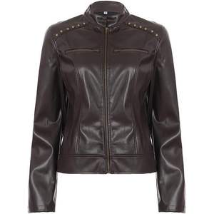 Blouson Moto Femme Personnalisé en Similicuir Marron Manches Longues Style Motard 2026 - Product Image 1
