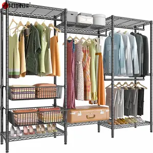 Big Size Garderobe Draht Kleider ständer 6 Regale Heavy Duty Garment Hänge stangen mit 2 verschiebbaren Aufbewahrung körben