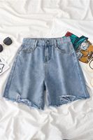 Shorts en jean déchirés taille haute pour femme, style délavé et bords bruts, polyvalents, grandes tailles, collection très prisée