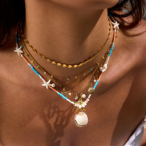 Stainless Steel Seed Bead Shell Pendant Necklace With Starfish Orange Blue Beads Resort Style - Product Image 3