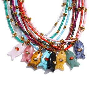 <span class=keywords><strong>Collar</strong></span> JINYOU 653 con Cuentas de Acero Inoxidable y Piedras Multicolores, <span class=keywords><strong>Collar</strong></span> con Colgante de Pez de Circonia Cúbica y Piedra Natural - Product Image 1