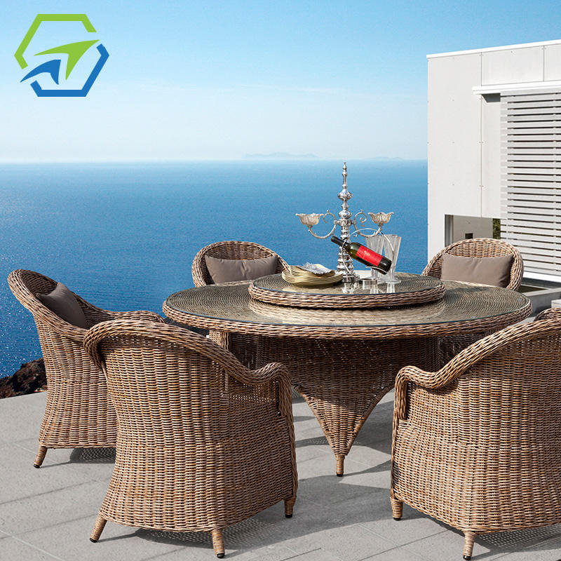 モダンな屋外ラタン製家具、回転式テーブル付きラウンドダイニング