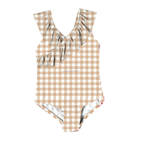 Traje de baño de una pieza con tirantes cruzados y volantes para niñas al por mayor, traje de baño de una pieza con cuello de volantes de guinga rojo certificado 50 +