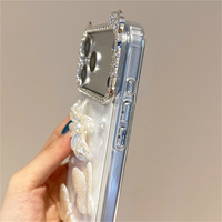 Casing Ponsel Mutiara Bunga Kupu-kupu Elegan untuk iPhone 18 17 Pro Max 16 15 14 13 dengan Tali Manik-manik dan Penutup Bertabur Berlian Imitasi Model Telinga Kucing