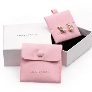 Custom Logo Pochette A Bijoux Paper Packing Box Jewelry For Storage Jewelry Set Metal Snap Button Bag Pastel Pink Jewelry Pouch