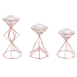 Set of 3 rose gold pyramid geometric metal wire crystal glass votive tealight candle holder