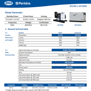 JP17D5 Per-kins 발전기 15kva 저소음 발생기 휴대용 3 실린더 400V 워크샵을위한 디젤 엔진 403A-15G2 에 의해 구동 - Product Image 6