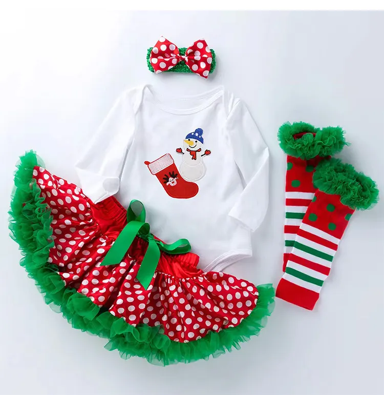 Grosir pakaian Natal bayi perempuan baru lahir kostum baju lengan panjang bordir Natal 4 potong baju natal untuk pesta