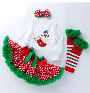 थोक नवजात शिशु लड़कियों के क्रिसमस कढ़ाई वाले लंबी बांह के कपड़े वेशभूषा पार्टी के लिए 4 पीस क्रिसमस कपड़े